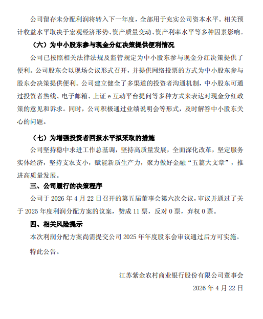 紫金银行发布2025年年度利润分配方案 拟10派0.5元